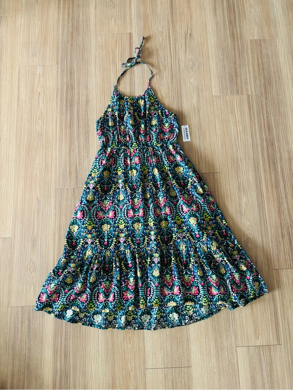 Old Navy Midi Dress Fit Flare Colorful Halter Neck Girls L NWT Boho Cottage